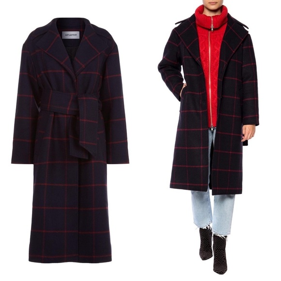 Self-Portrait Check Plaid Wool Trench Ready-to-wear Runway Peacoat Small S - Picture 1 of 7